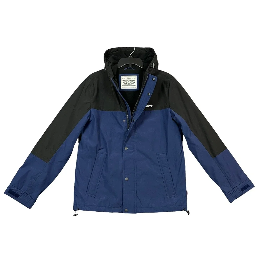 Levi's Men's Fleece Lined Shell Jacket Size M Blue‎ Black Hooded Water Resistant